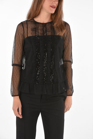 Perforated Fabric Blouse with Ruffled and Sequin