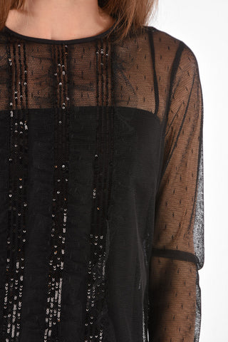 Perforated Fabric Blouse with Ruffled and Sequin
