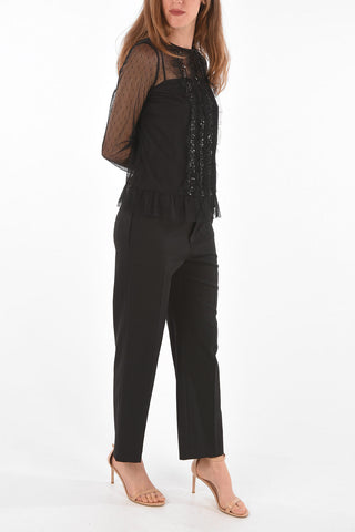 Perforated Fabric Blouse with Ruffled and Sequin