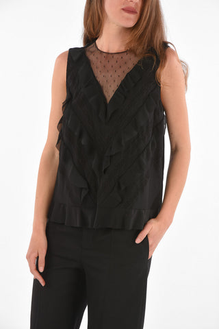 Silk Ruffled Top with Illusion Neckline 