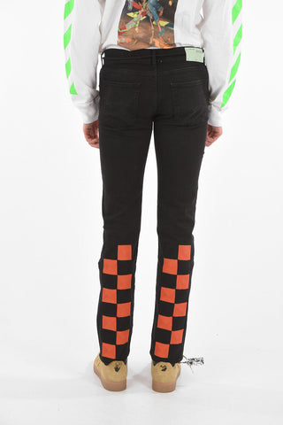 Skinny BIG CHECK Jeans with Embroidery Details Down the Edges 18cm