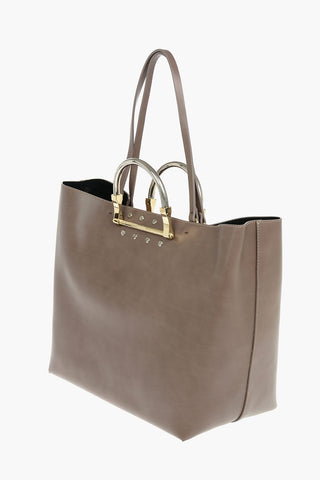 Metal Handle Leather Tote Bag