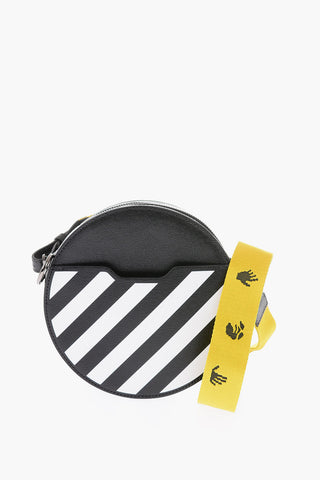 diagonal stripe patterned round shape saffiano leather crossbody bag