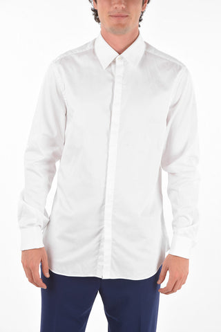 Poplin Cotton Shirt with Double French Cuffs and Hidden Button Closure