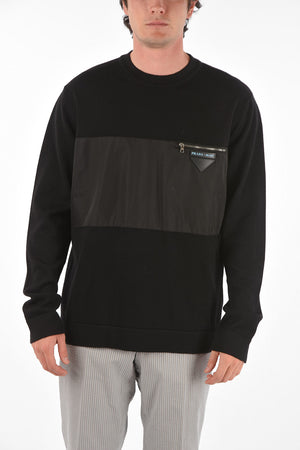 Crew Neck Wool Sweater with Zip Breast-pocket and Application