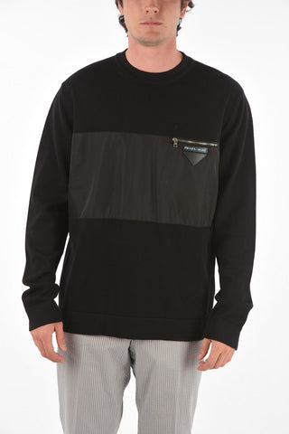 Crew Neck Wool Sweater with Zip Breast-pocket and Application