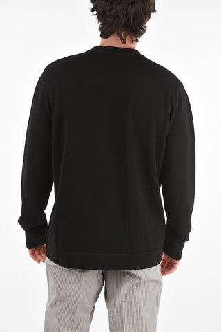Crew Neck Wool Sweater with Zip Breast-pocket and Application