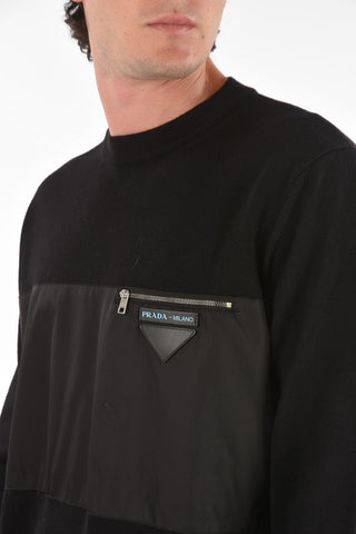 Crew Neck Wool Sweater with Zip Breast-pocket and Application