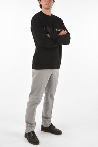 Crew Neck Wool Sweater with Zip Breast-pocket and Application