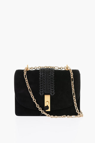 Knitted Leather Detail Suede Shoulder Bag