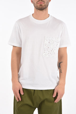 T-Shirt in Cotone con Taschino in Pizzo e Logo