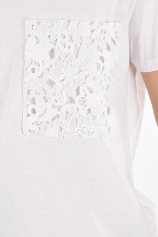 T-Shirt in Cotone con Taschino in Pizzo e Logo