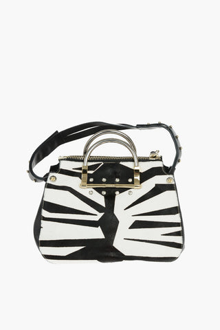 Ponyskin Shoulder Bag with Zebra Print and Studs Detailing