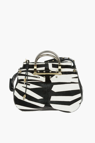 Ponyskin Shoulder Bag with Zebra Print and Studs Detailing