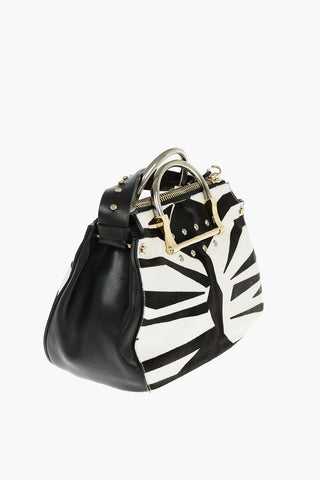 Ponyskin Shoulder Bag with Zebra Print and Studs Detailing
