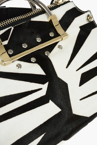 Ponyskin Shoulder Bag with Zebra Print and Studs Detailing