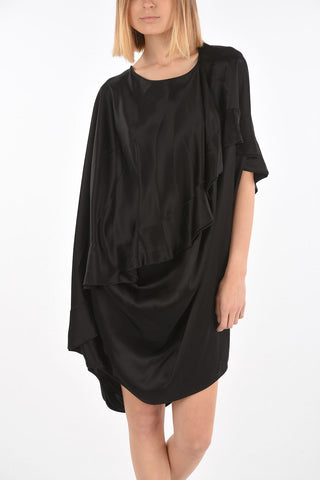MM0 Satin Fabric Asymmetrical Tunic with Ruffled on The Back