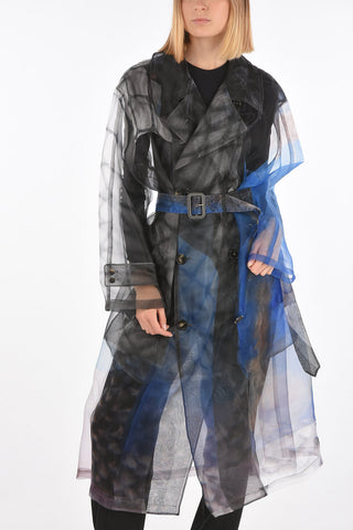 MM0 tie-dye effect sheer double-breasted trench with belt