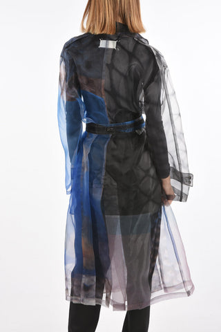 MM0 tie-dye effect sheer double-breasted trench with belt