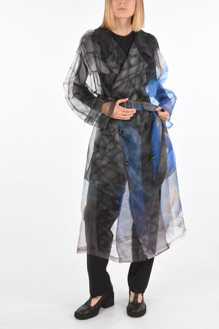 MM0 tie-dye effect sheer double-breasted trench with belt