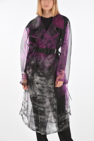 MM0 tie-dye effect sheer double-breasted trench with belt