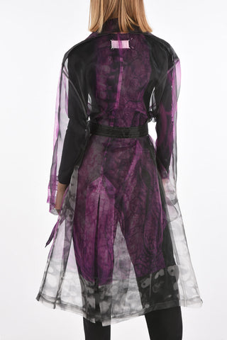 MM0 tie-dye effect sheer double-breasted trench with belt
