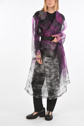 MM0 tie-dye effect sheer double-breasted trench with belt