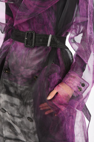 MM0 tie-dye effect sheer double-breasted trench with belt