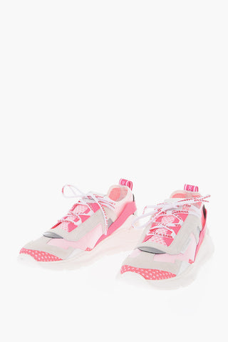 contrasting fluorescent detail suede and fabric sneakers
