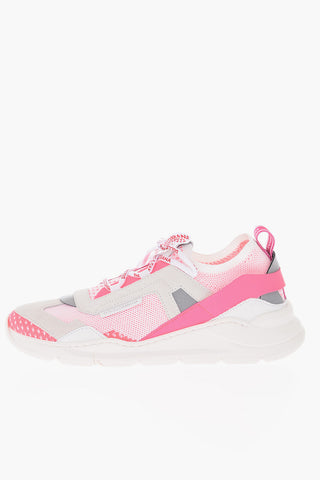 contrasting fluorescent detail suede and fabric sneakers