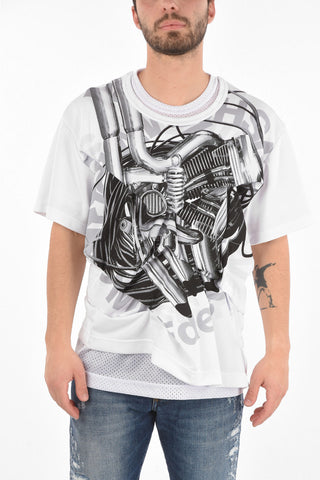 HOMME PLUS Printed Crewneck T-shirt with Mesh Details and Ruffles