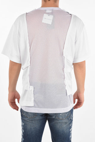 HOMME PLUS Printed Crewneck T-shirt with Mesh Details and Ruffles