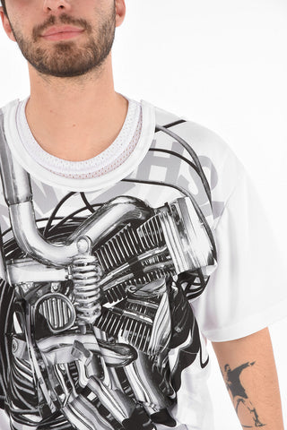 HOMME PLUS Printed Crewneck T-shirt with Mesh Details and Ruffles