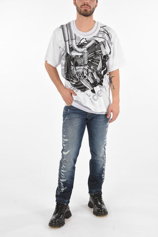 HOMME PLUS Printed Crewneck T-shirt with Mesh Details and Ruffles