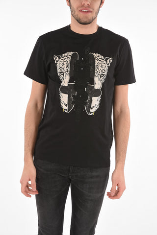 Crew Neck Rhinestone TIGER FACE Printed T-Shirt