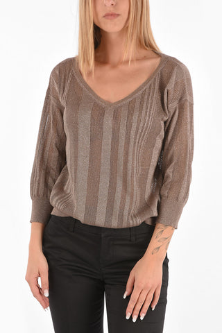 Lurex V neck Sweater with 3/4 Sleeve
