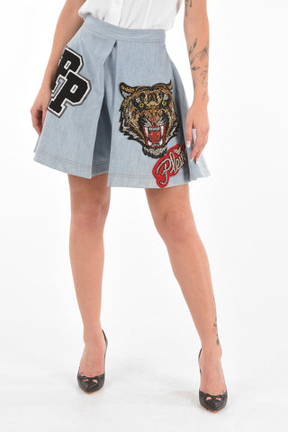 COUTURE Embroidered BETH Denim Flared Miniskirt with Patches