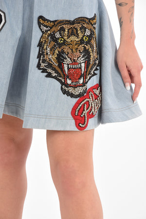 COUTURE Embroidered BETH Denim Flared Miniskirt with Patches