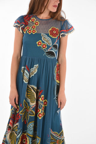 Vestito Lungo in Pizzo con Ricami Floreali