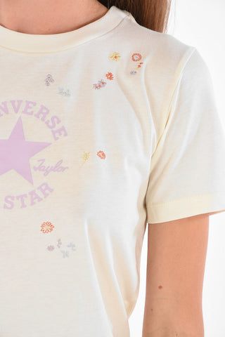 Printed T-shirt with Floral Embroidery