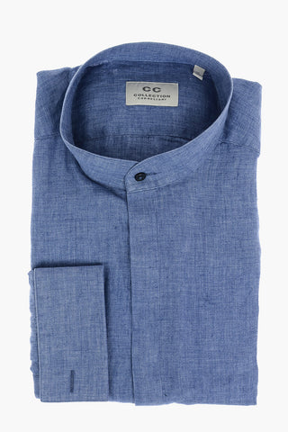 CC COLLECTION Camicia in Lino con Colletto Coreano e Polsini Doppi alla Francese