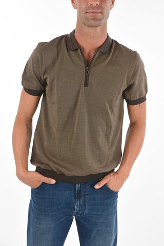 Striped Motif Cotton Polo with Zip