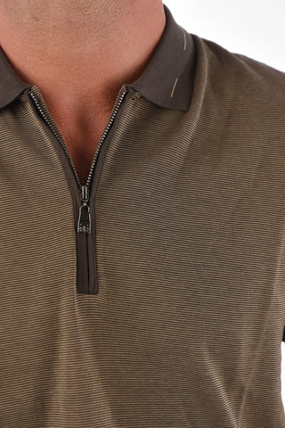 Striped Motif Cotton Polo with Zip