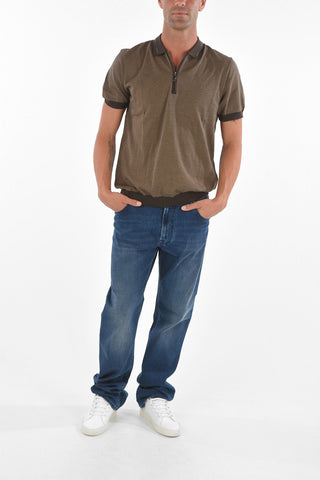 Striped Motif Cotton Polo with Zip