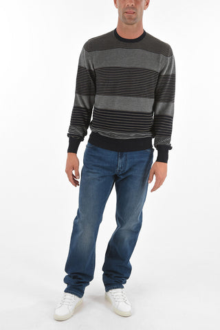 Crew Neck Striped Cotton Blend Sweater