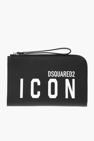 ICON logo printed textured leather clutch