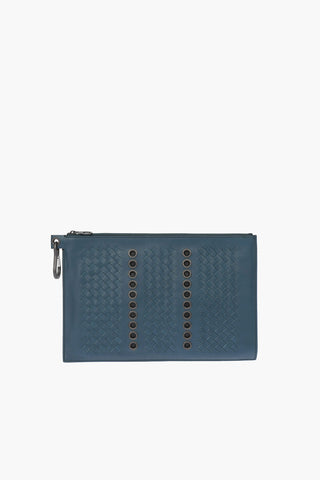 Braided Leather Pouch Bag Embellished with Eyelets