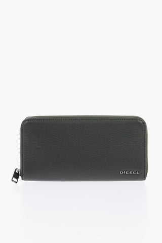 zip closure textured leather wallet