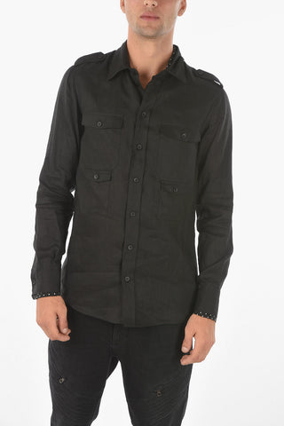 Linen and Silk Shirt with Polka Dot Tie Neck