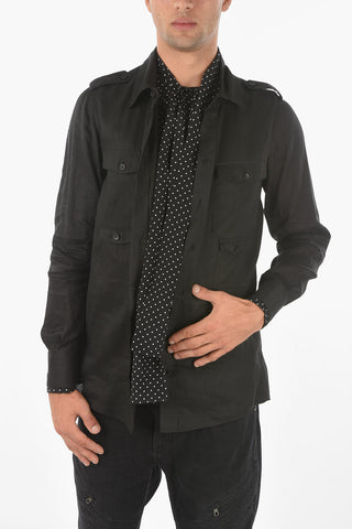 Linen and Silk Shirt with Polka Dot Tie Neck